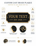 Custom cast brass plaque product infographic with a central sample plaque reading 'YOUR TEXT EST. 2024' on a white background, surrounded by feature icons and text for size, text customization, finishes, mounting, and installation.