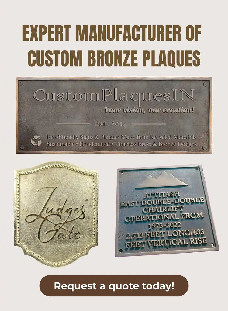 Custom bronze plaques with engraved text on a light gray background