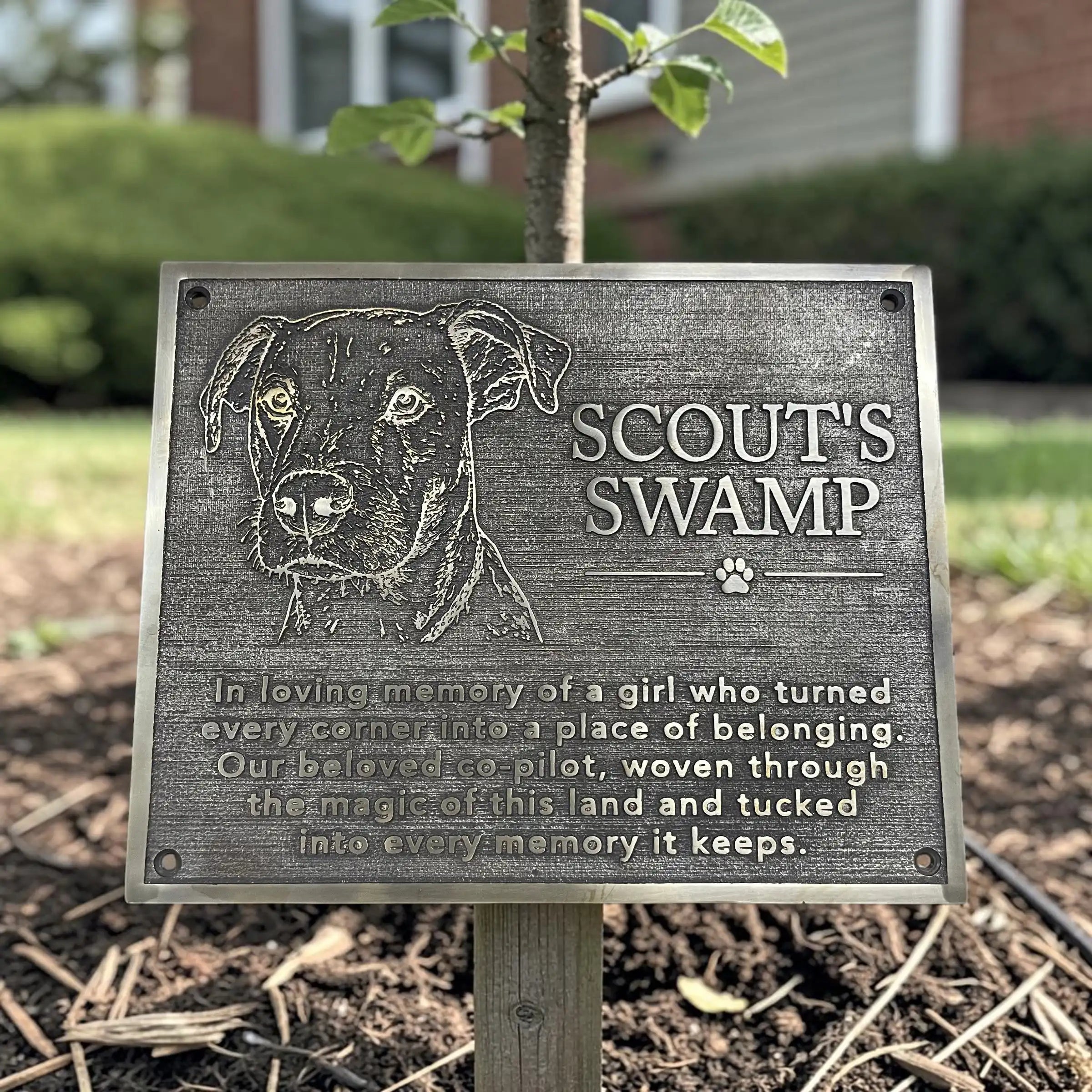 Memorial plaque for a dog named Scout's Swamp with engraved text and dog illustration.
