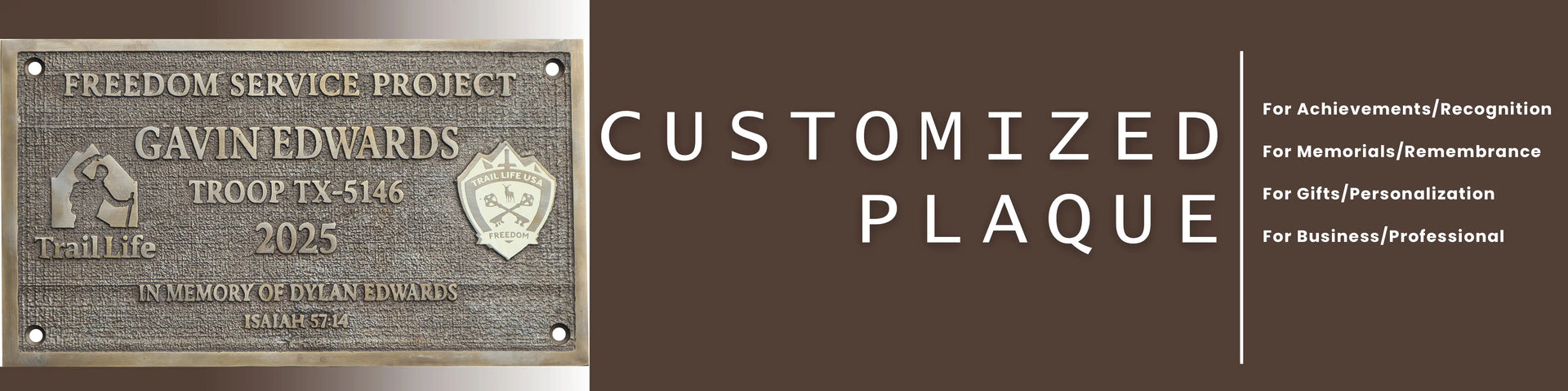 Metal plaque with engraved text and logo on a brown background with text about customized plaques.