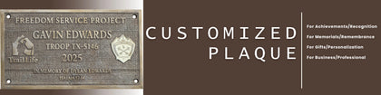Metal plaque with engraved text and logo on a brown background with text about customized plaques.
