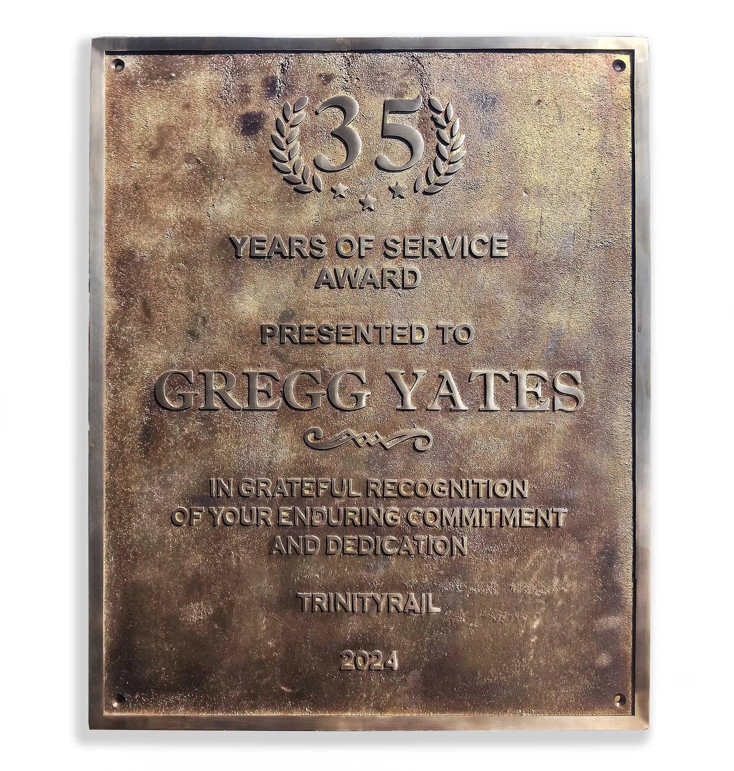 Bronze plaque for 35 years of service award to Gregg Yates, TrinityRail, 2024