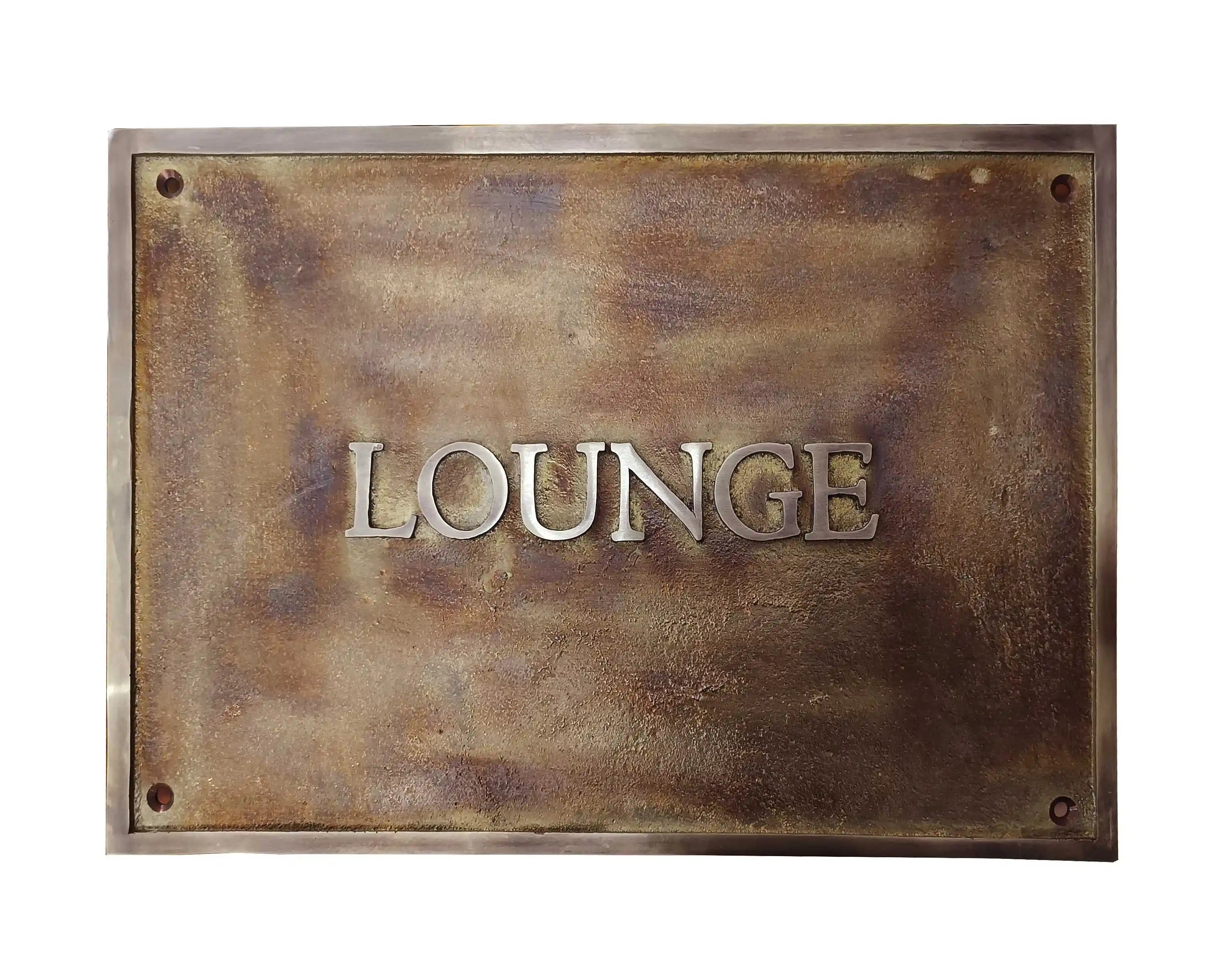 Bronze plaque with 'LOUNGE' text on a white background