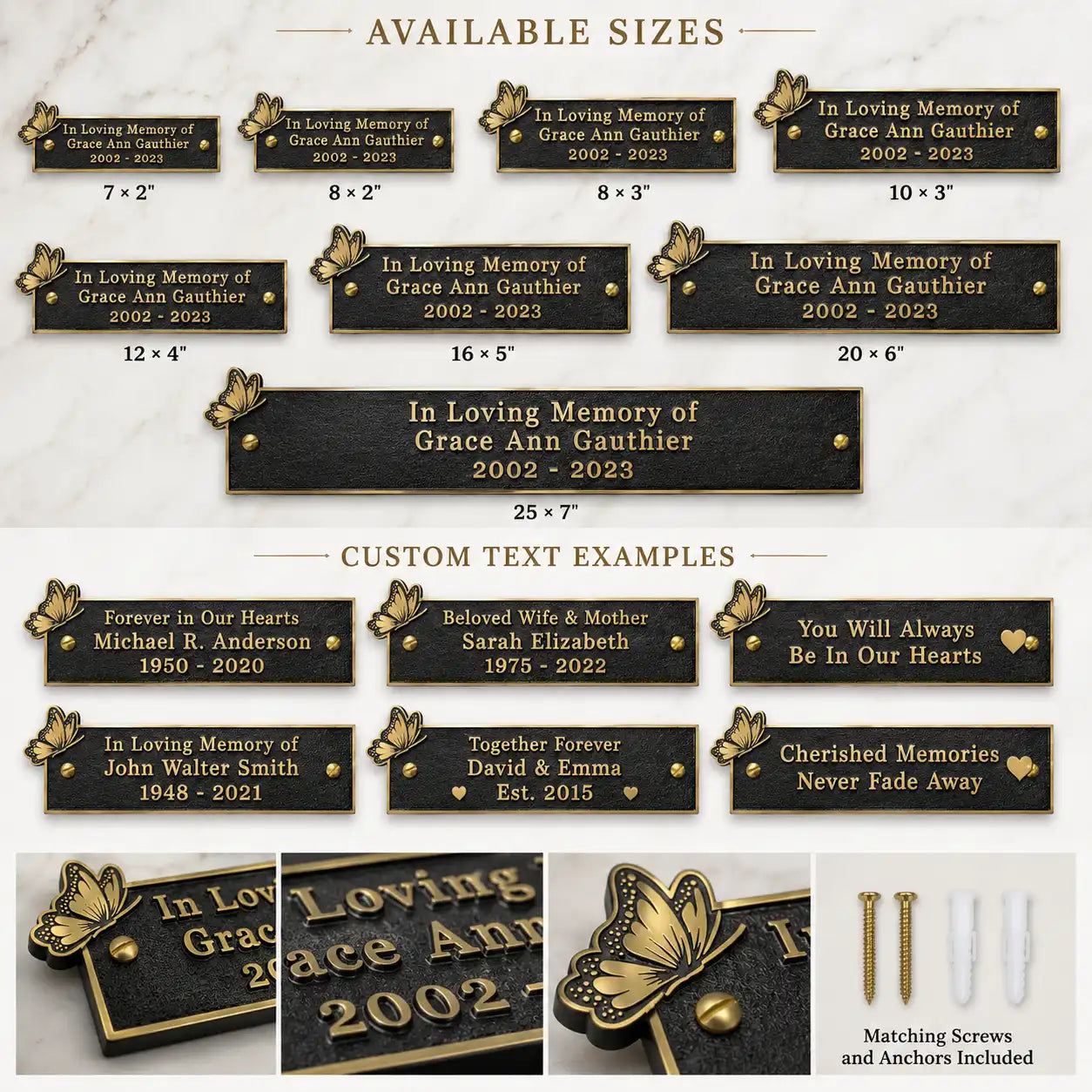 A product infographic showing multiple black metal memorial plaques in different sizes, with gold engraved text and decorative gold leaf and heart motifs. The image includes sections labeled available sizes, custom text examples, and close-up views of the plaques with mounting hardware on a light marble background.