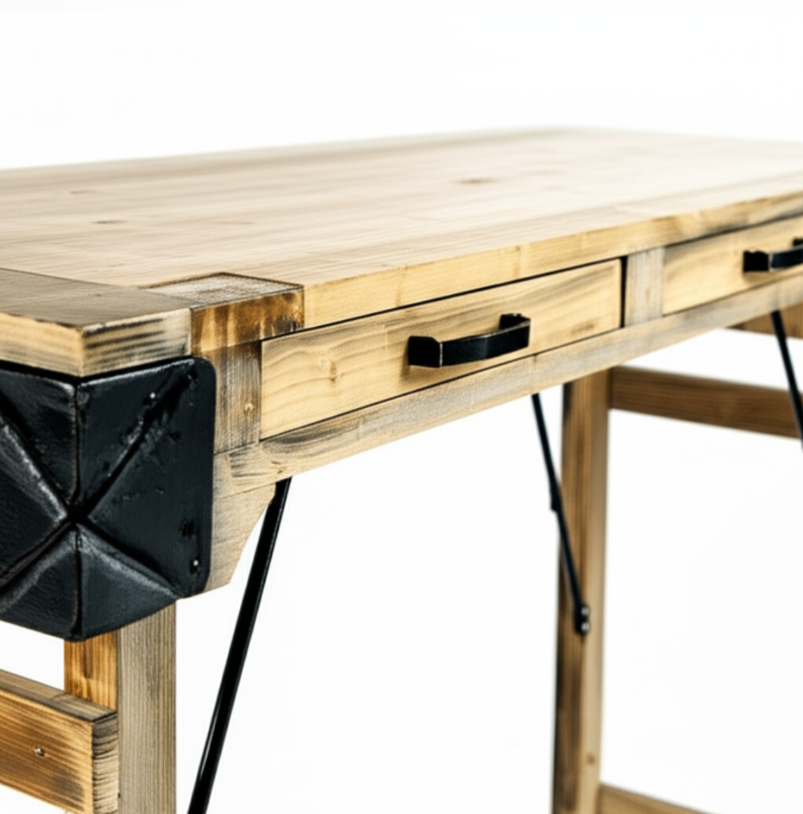 Wooden desk with black geometric accents on a white background