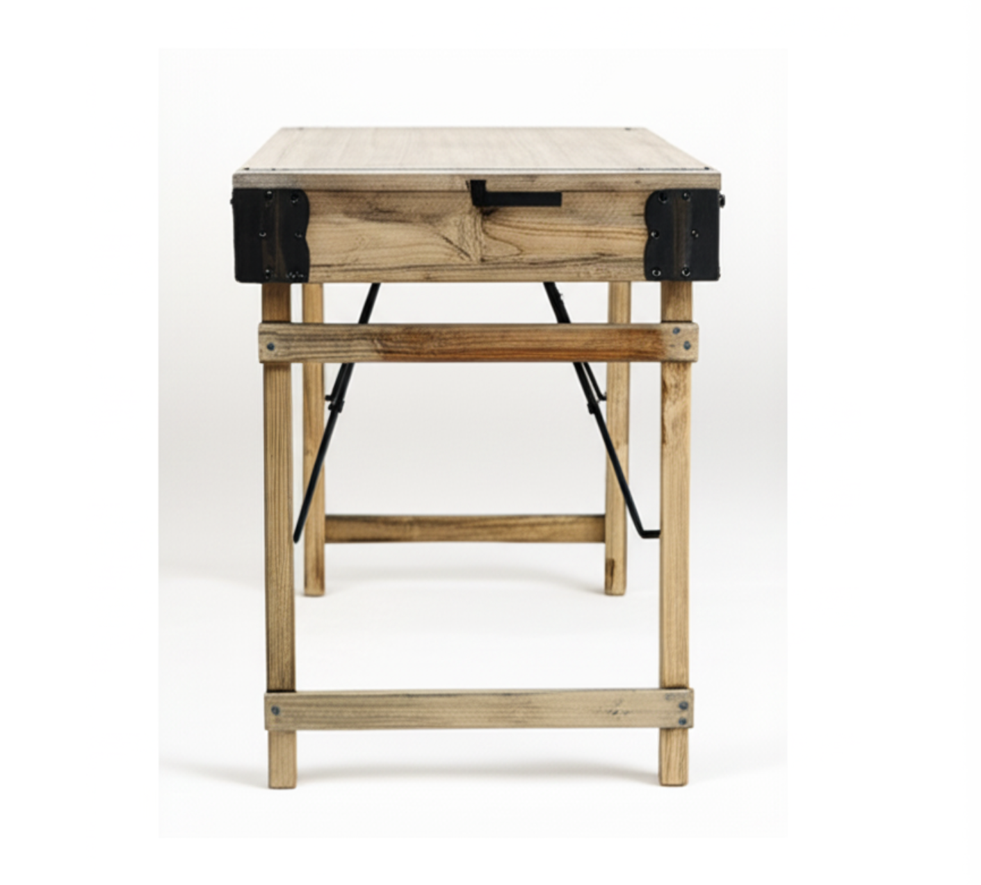 Wooden table with metal accents on a white background
