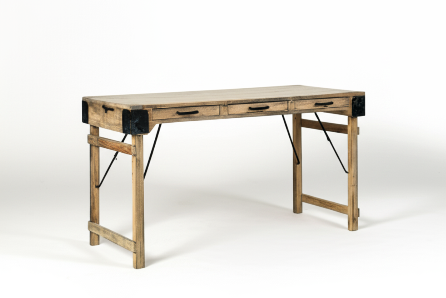 Wooden desk with metal accents on a white background