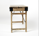 Wooden side table with metal accents on a white background