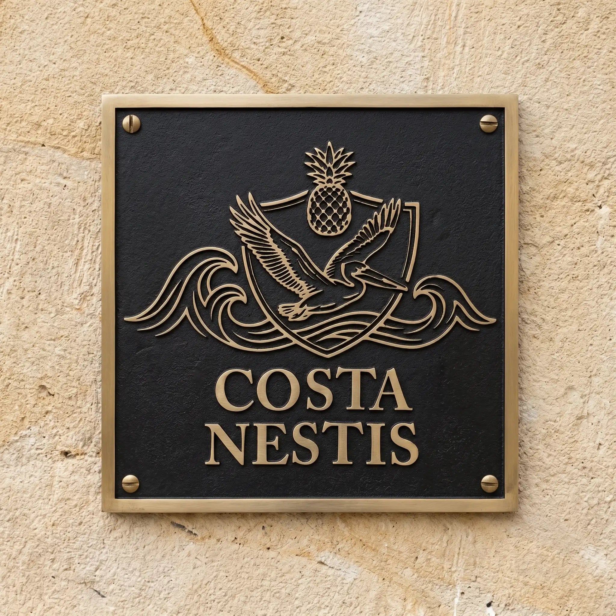 Address sign with 'Costa Nestis' on a textured wall