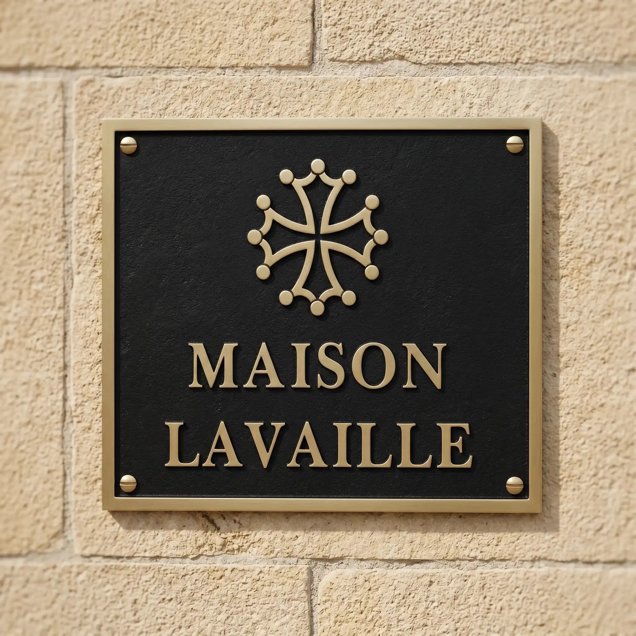 Bronze address plaques Maison Lavaille sign on a stone wall