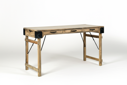 Rustic Natural Wood Desk with Three Drawers and Black Metal Accents