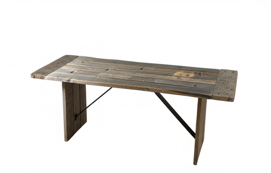Wooden table with a rustic design on a white background