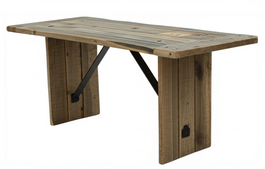 Wooden table with metal brackets on a white background
