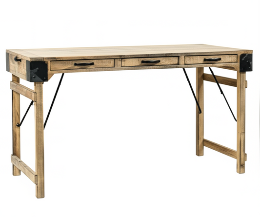 Rustic Natural Wood Desk with Three Drawers and Black Metal Accents