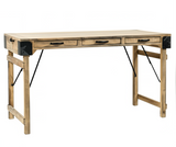 Wooden desk with metal accents on a white background