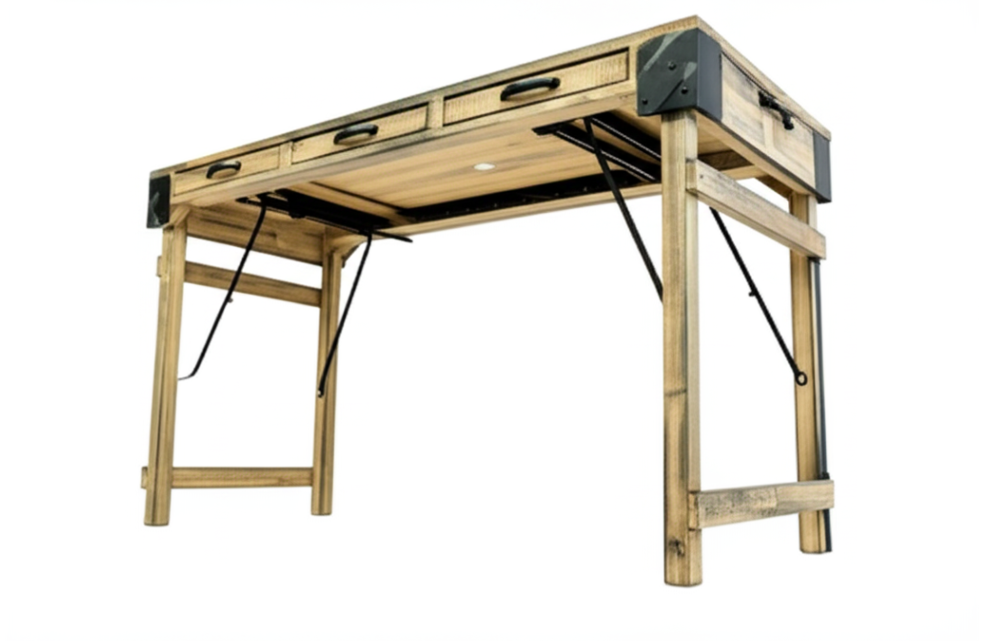 Wooden workbench with storage drawers on a white background