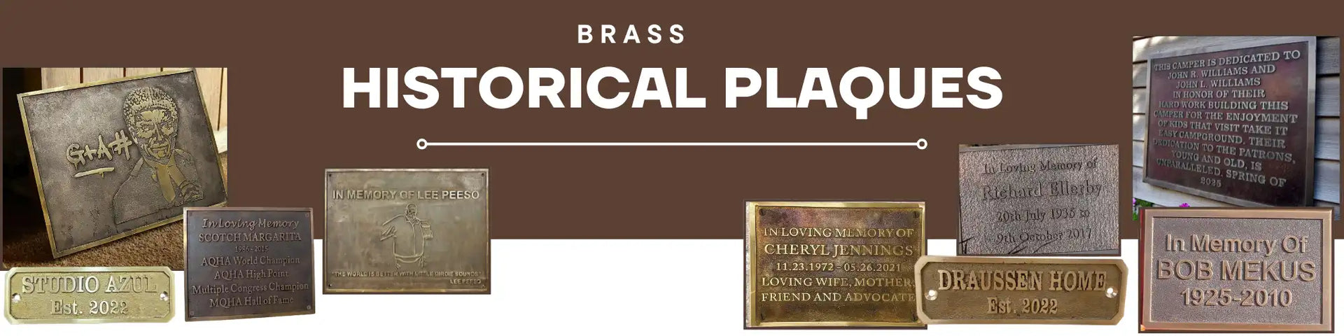 Collection of brass historical plaques on a brown background with 'Brass Historical Plaques' text.
