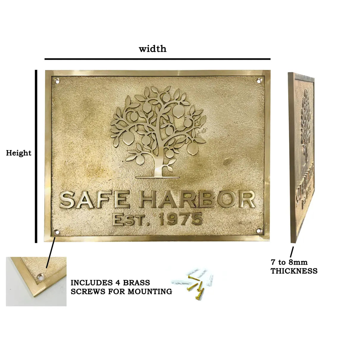 Brass plaque with 'Safe Harbor' engraving and tree design, showing dimensions and mounting details.