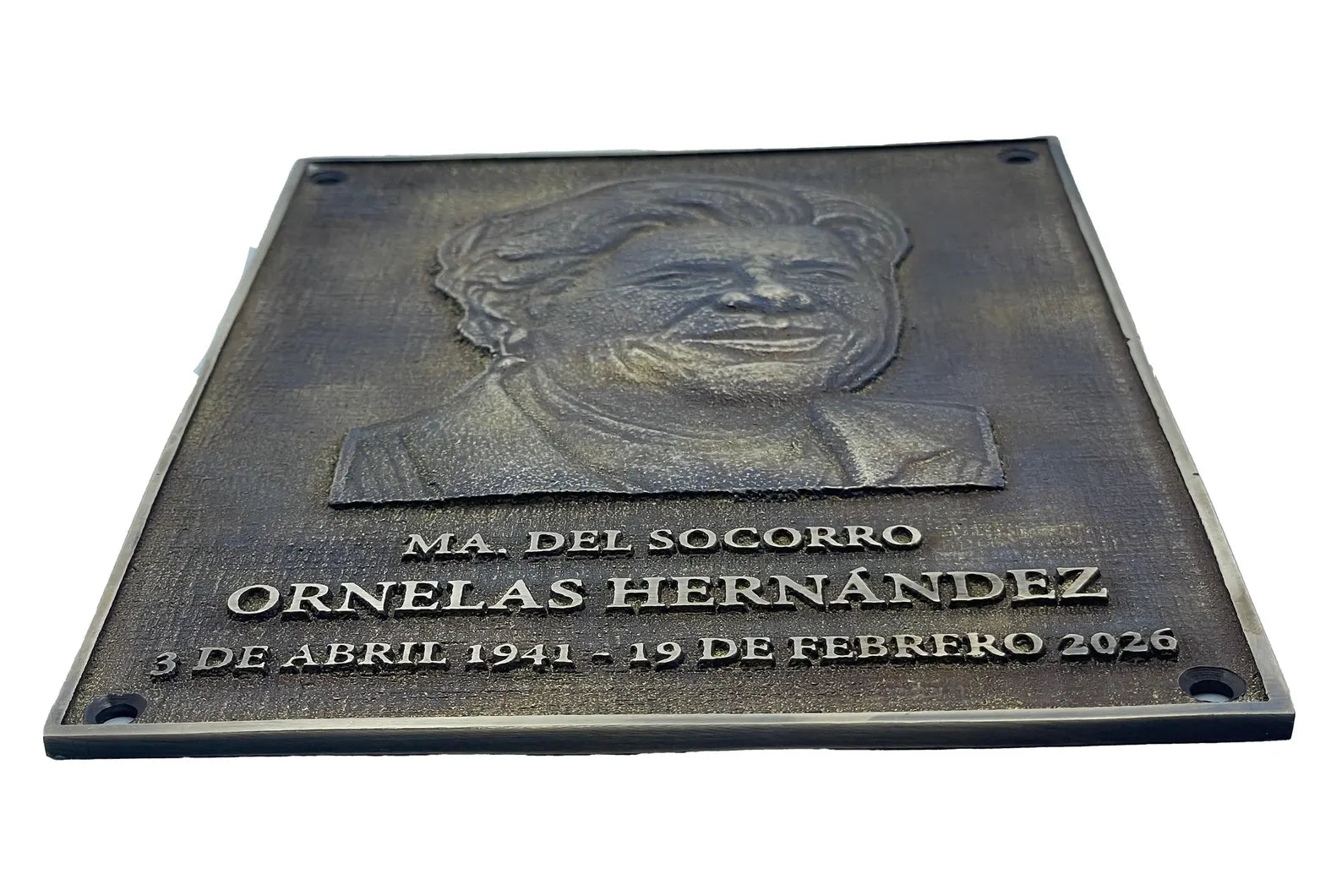 Bronze plaque with a portrait and text on a white background