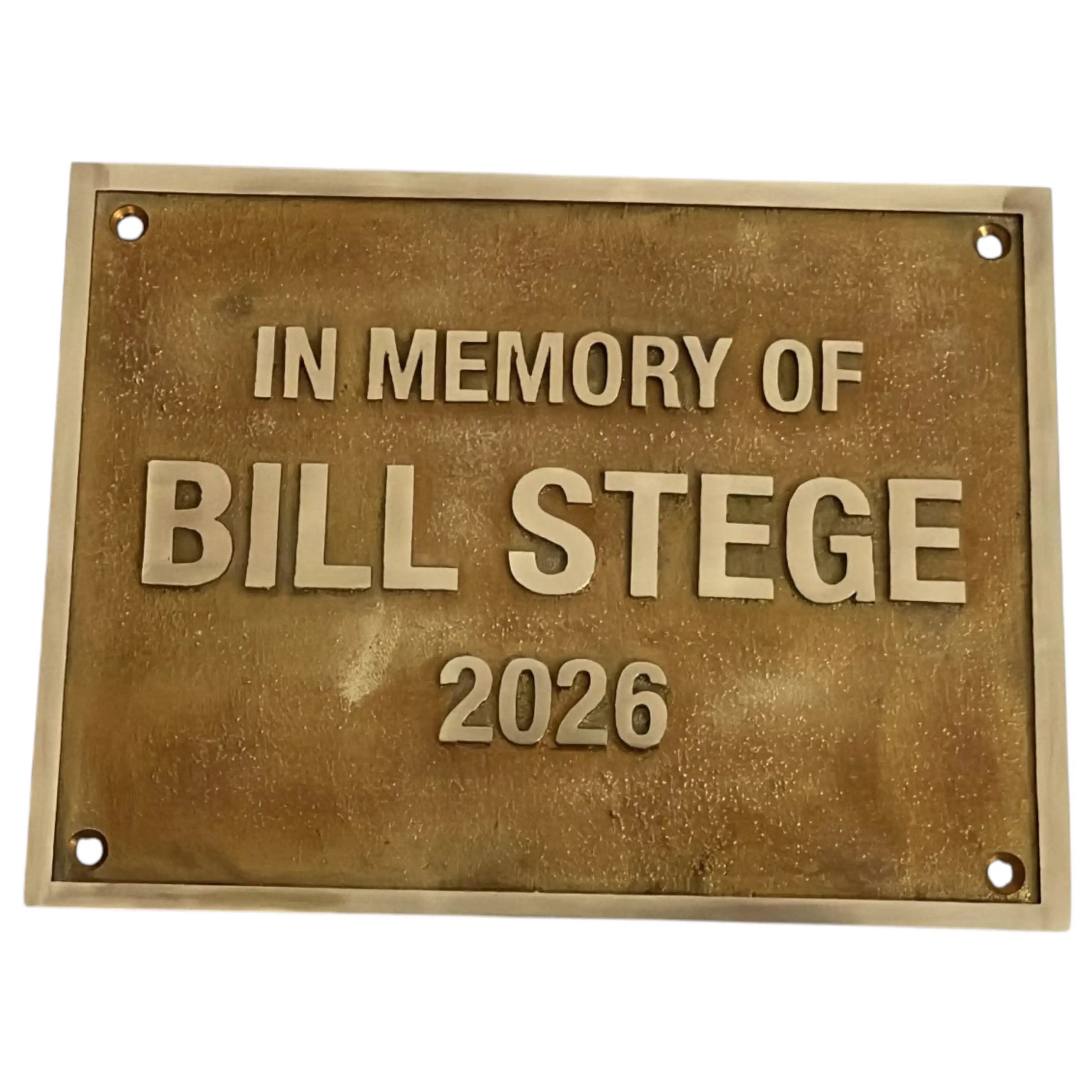 A rectangular bronze-toned metal memorial plaque with raised lettering that reads 'IN MEMORY OF BILL STEGE 2026' on a plain white background.