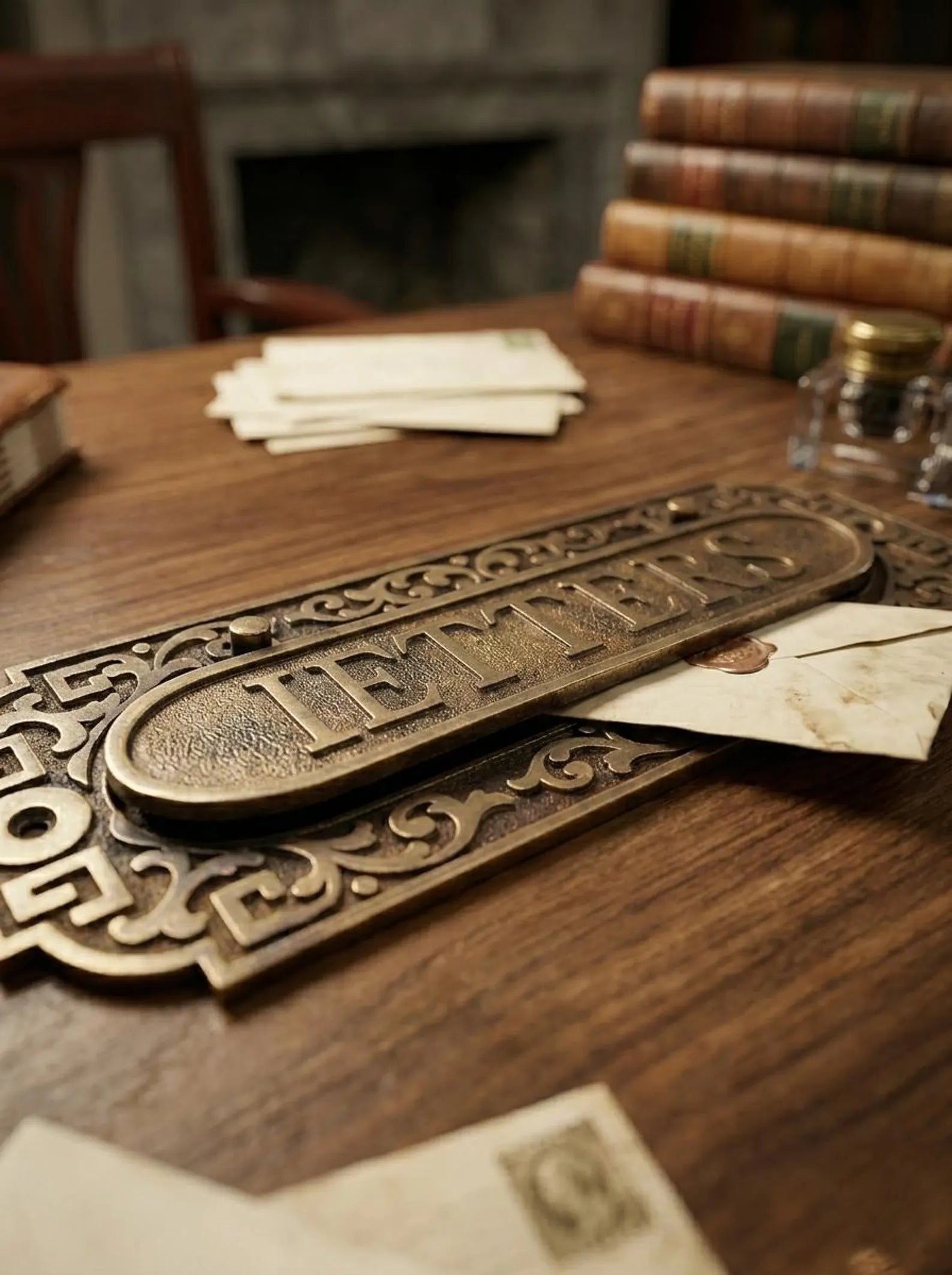 Decorative brass letter holder on a wooden surface with books and papers in the background