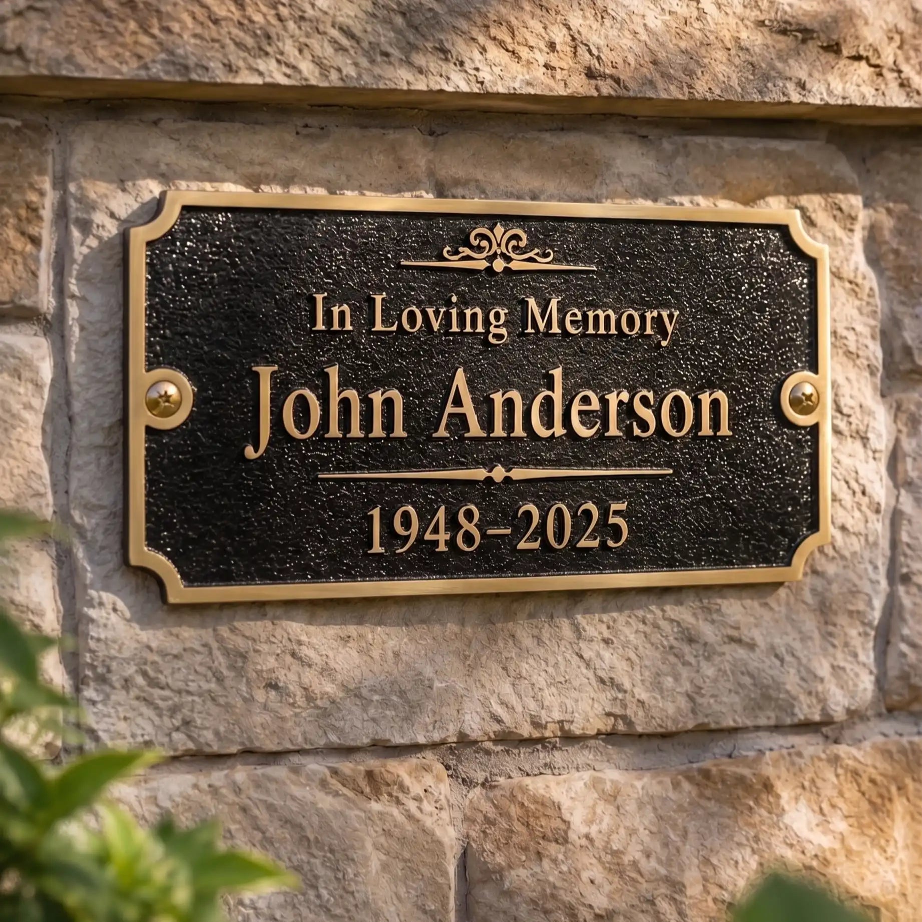 A rectangular black memorial plaque with gold trim and raised lettering mounted on a beige stone wall. The plaque reads “In Loving Memory John Anderson 1948-2025.