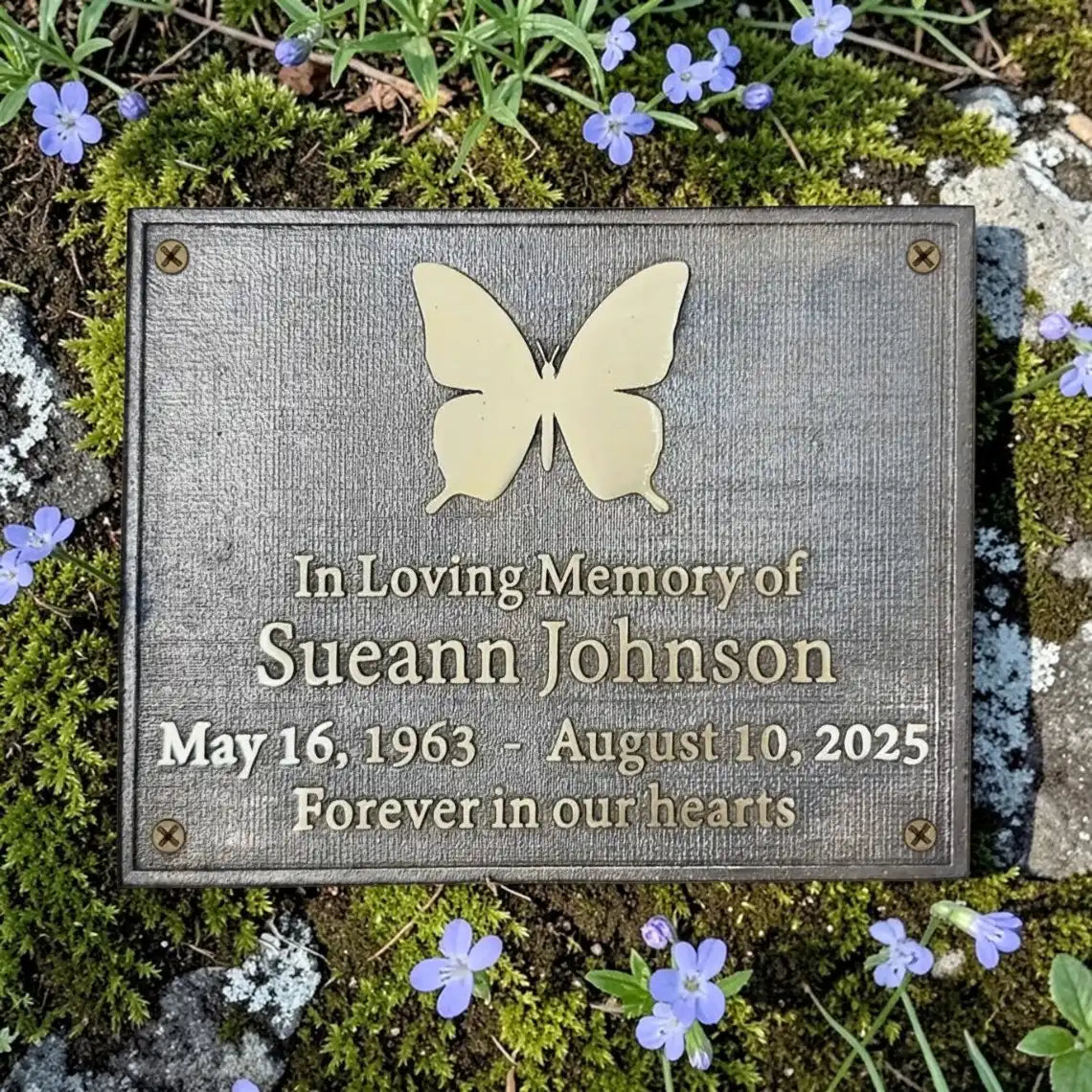 Memorial plaque with butterfly design and engraved text on a natural background with flowers.