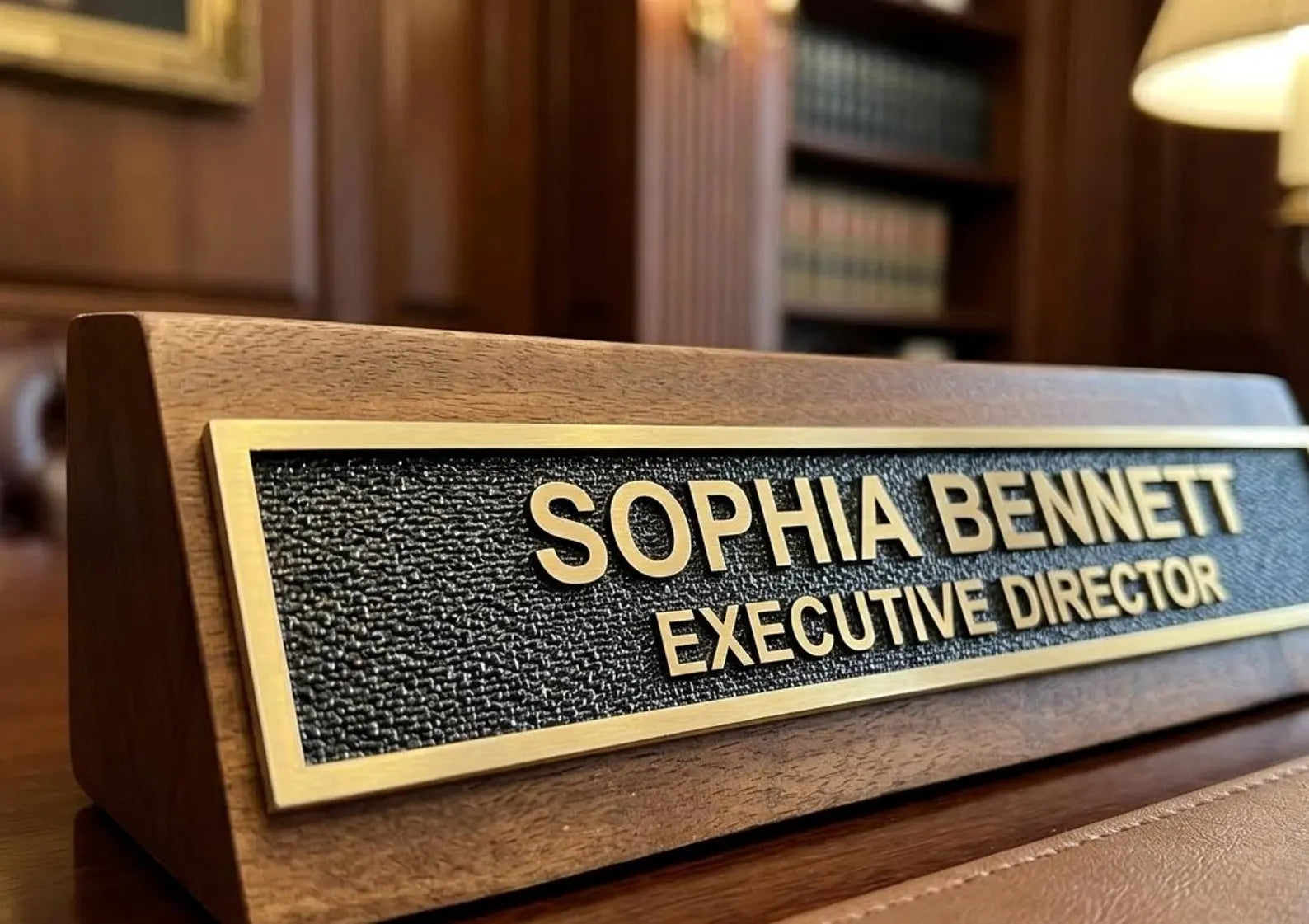 Wooden desk name plaque with designation