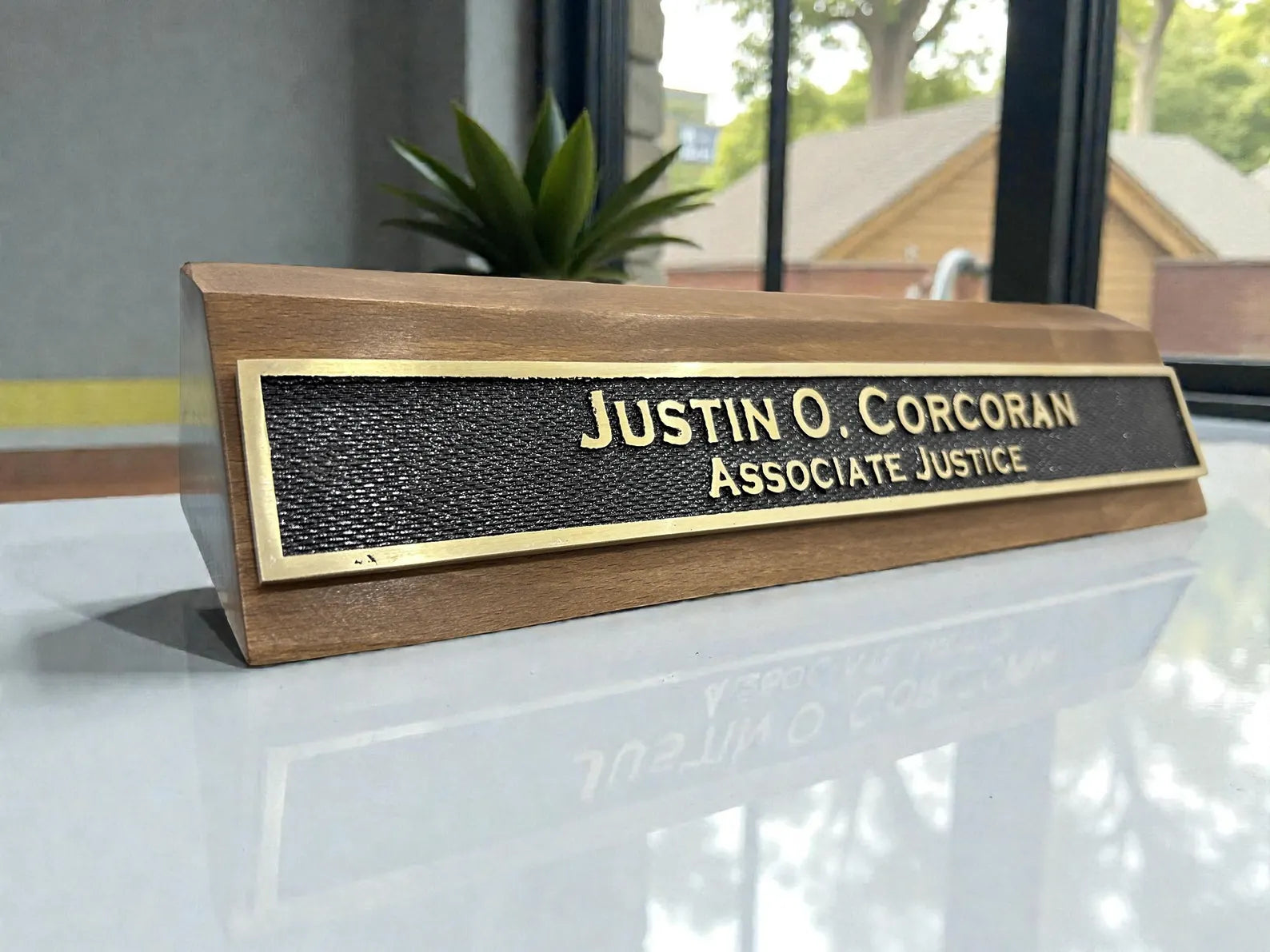 Wooden desk name plaque with designation