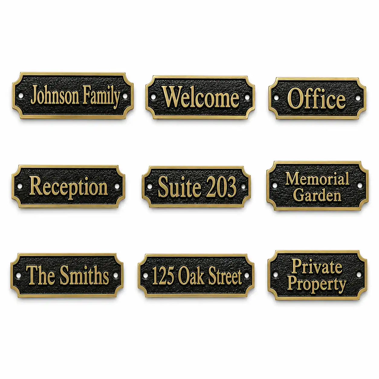 Nine personalized house nameplate options shown on a plain white background, each with a black textured face, gold border, and gold lettering for phrases such as Johnson Family, Welcome, Office, Reception, Suite 203, Memorial Garden, The Smiths, 125 Oak Street, and Private Property.