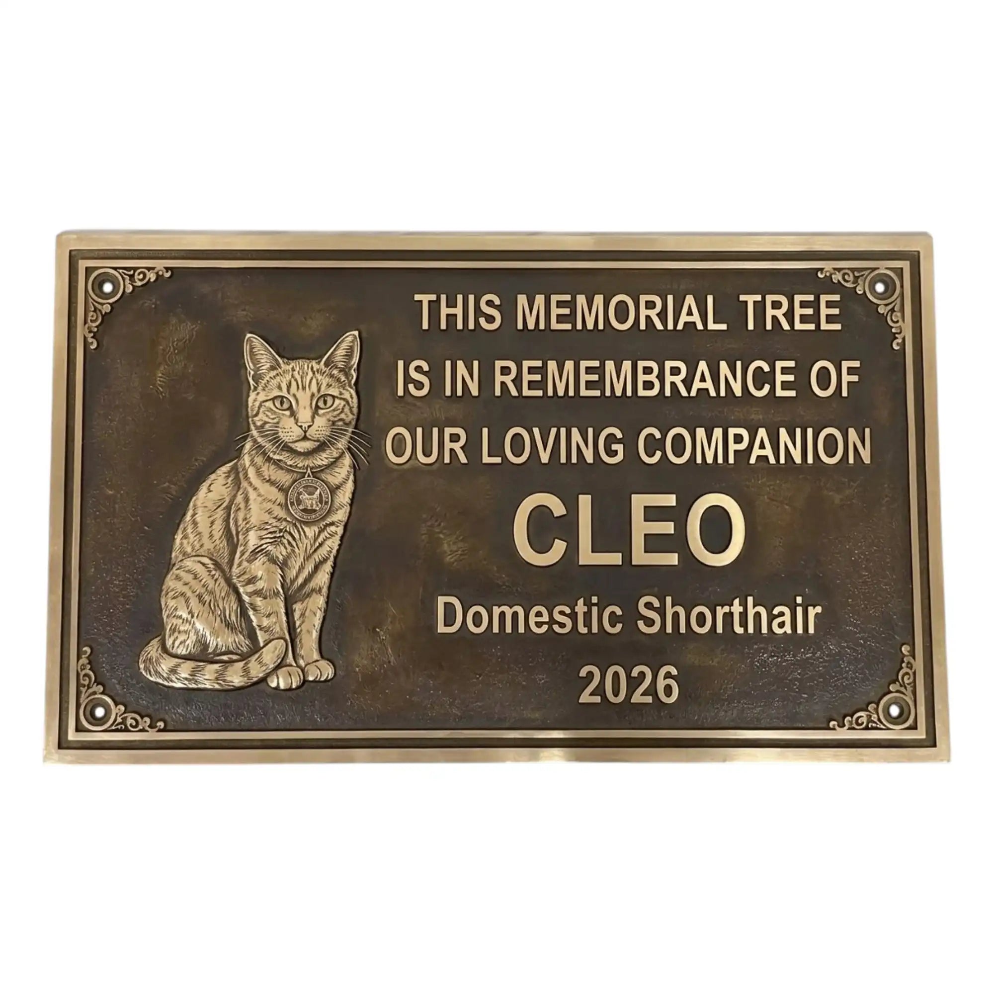 Memorial plaque for a cat named Cleo with text and a cat illustration on a white background.